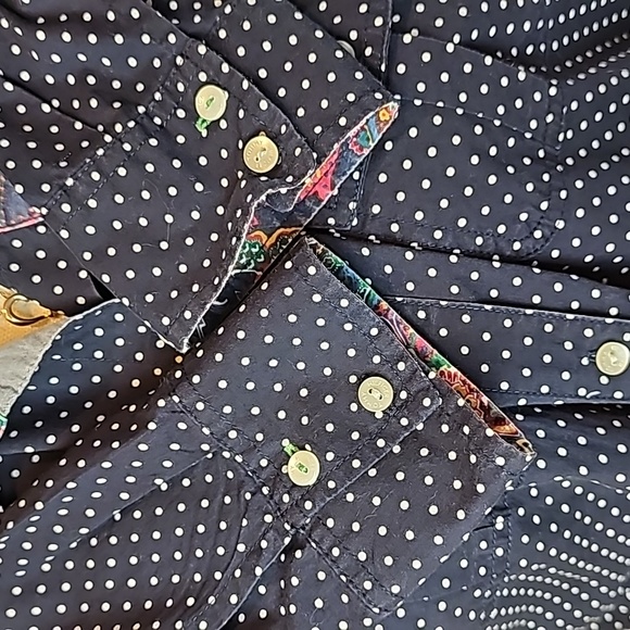 TOMMY HILFIGER NAVY WHITE POLKA DOT LONG ROLL-TAB SLEEVE BUTTON-UP BLOUSE - Picture 9 of 16